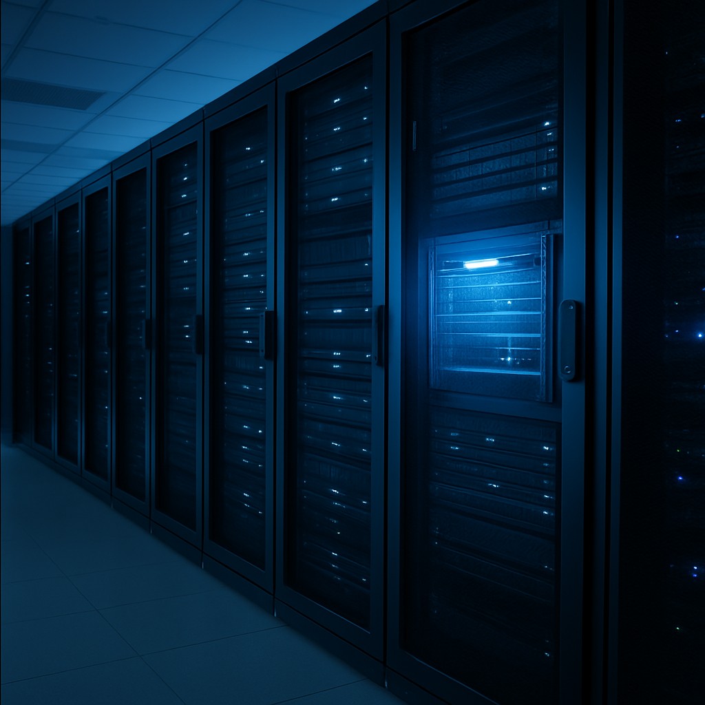 Rij serverracks in datacenter met één verlicht rack als symbool voor exclusieve dedicated hosting