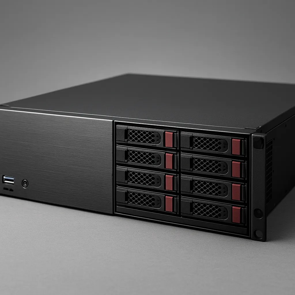 Een zwarte rack mounted server met hot swappable bays op een lichtgrijze ondergrond