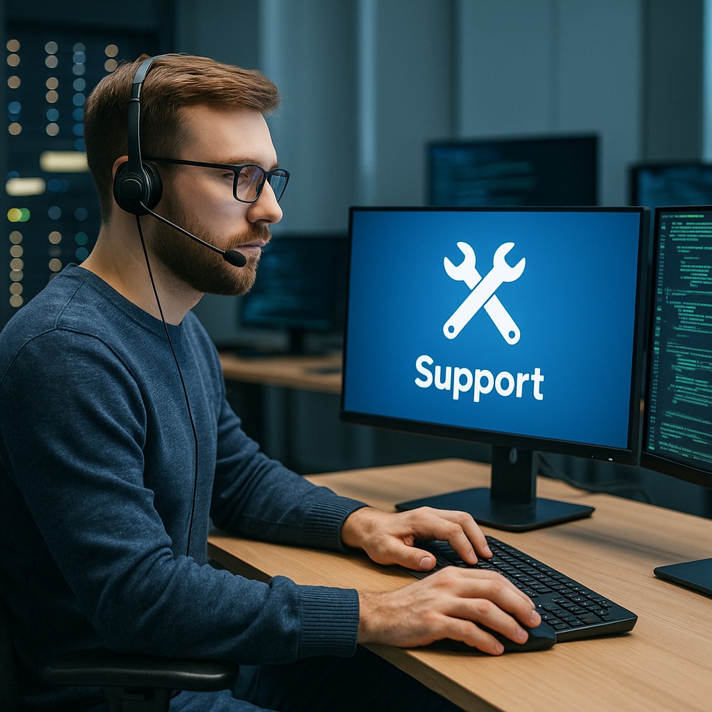 IT-technicus achter bureau met twee beeldschermen en serverracks op de achtergrond
