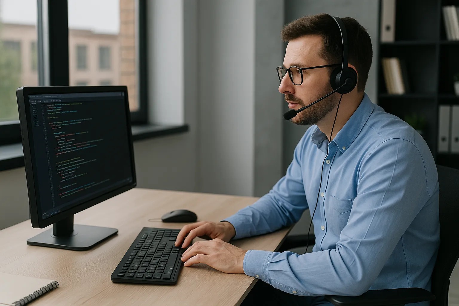 Technisch medewerker met headset achter computer in modern kantoor
