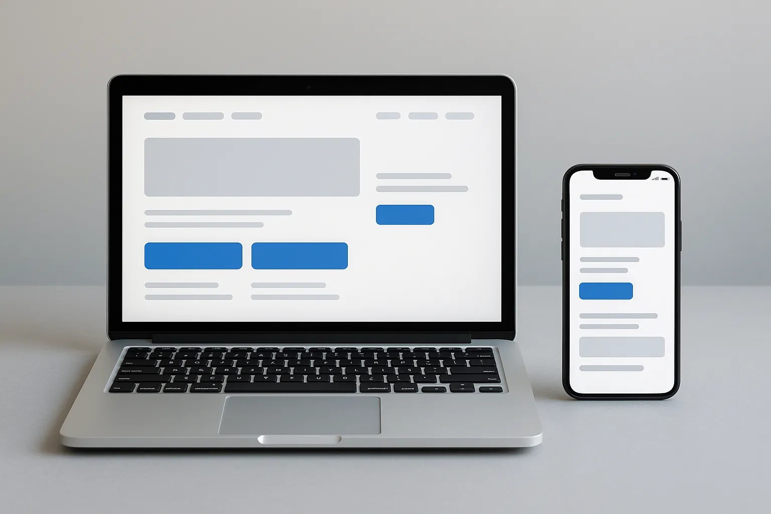Laptop en smartphone naast elkaar op een bureau, beide tonen een moderne app interface