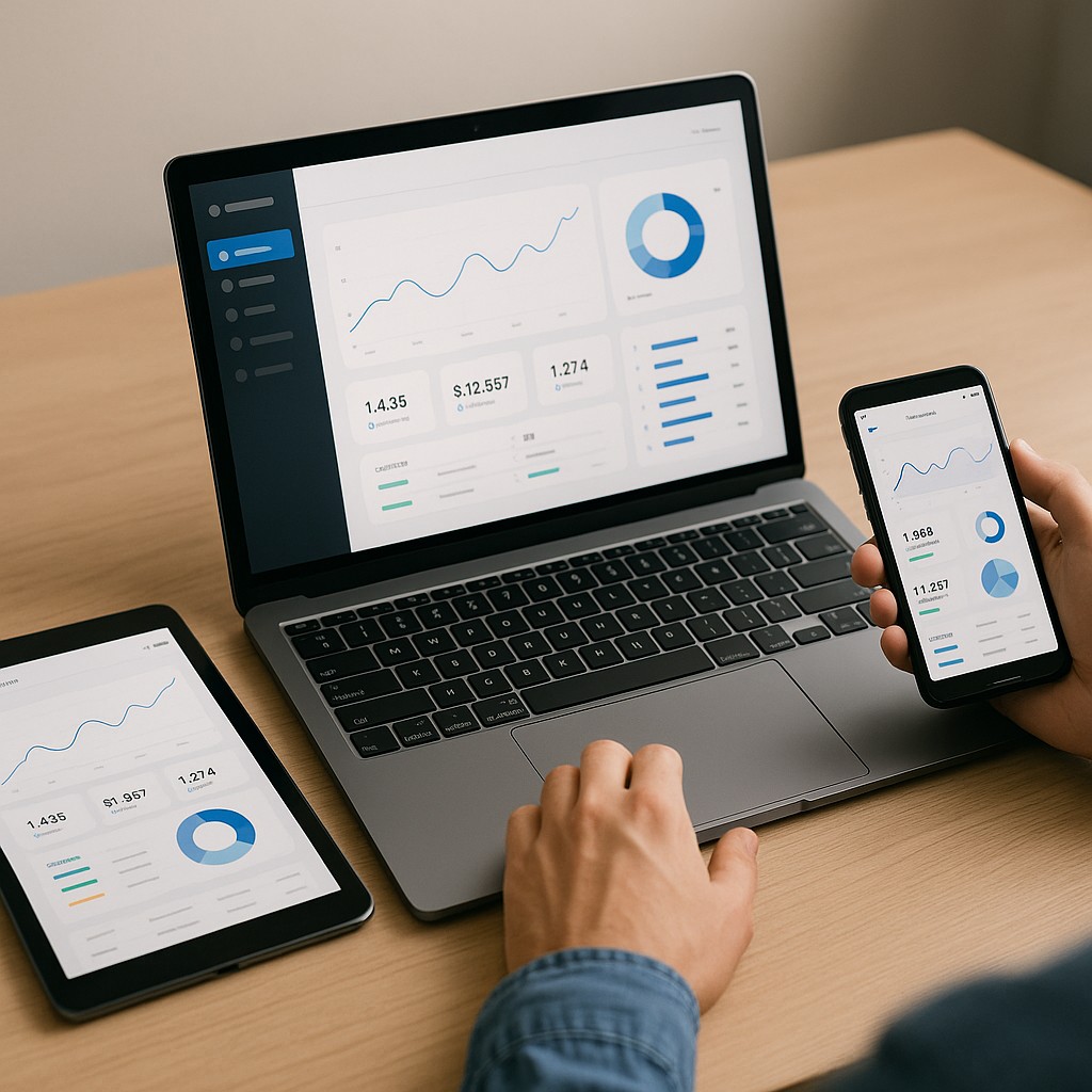 Een laptop, tablet en smartphone op een houten bureau tonen een webapplicatie met grafieken en statistieken