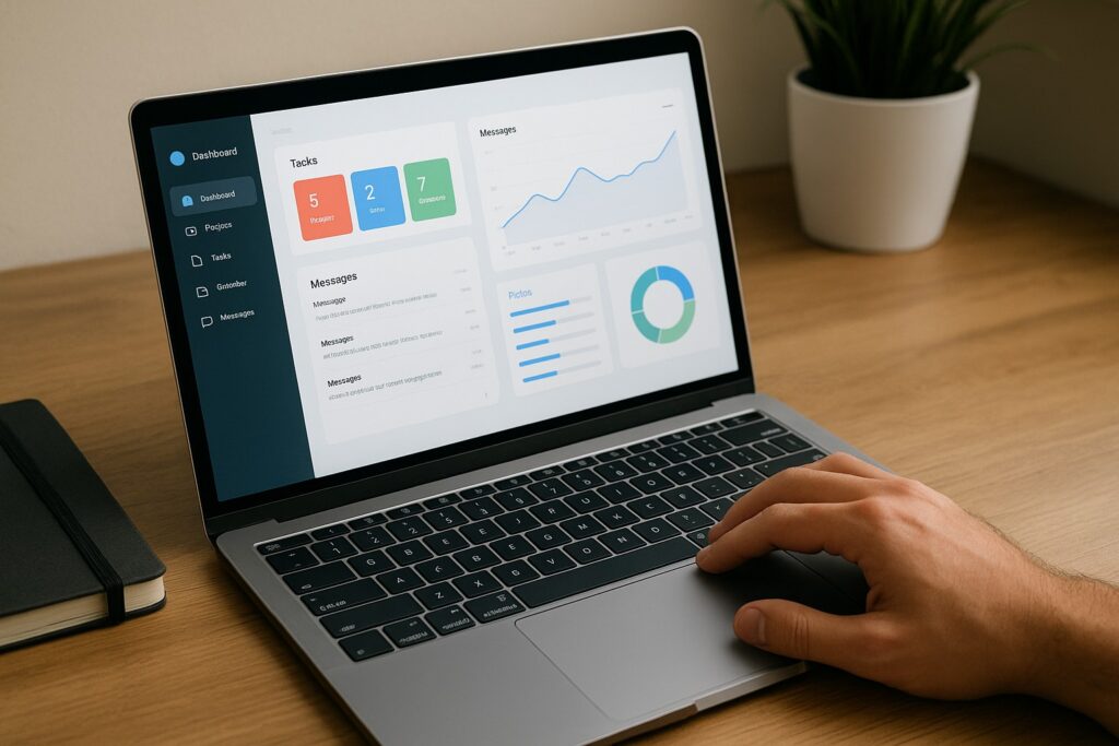 Een persoon bedient een laptop waarop een webapplicatie met dashboards en grafieken zichtbaar is