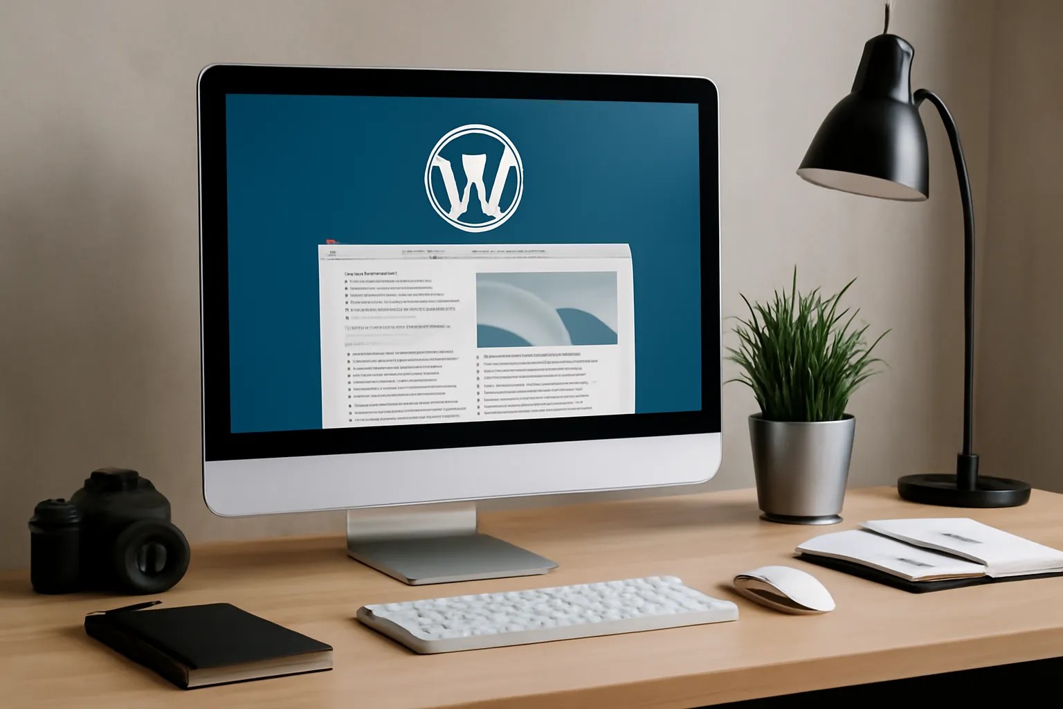 Computer­monitor toont WordPress-website op bureau met toetsenbord, muis en groene plant