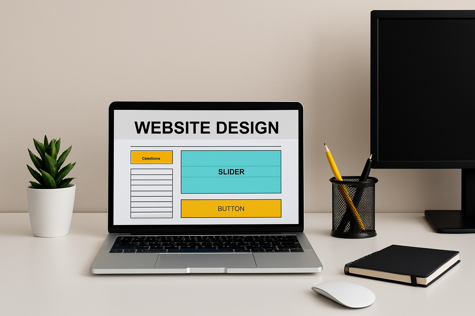 Een moderne laptop op een houten bureau toont een professionele website op het scherm, in een strak en licht kantoor zonder zichtbare tekst op het beeld