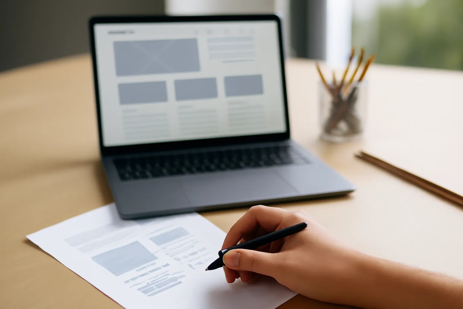 Laptop toont website-wireframe; hand met pen wijst op schets voor kostenanalyse