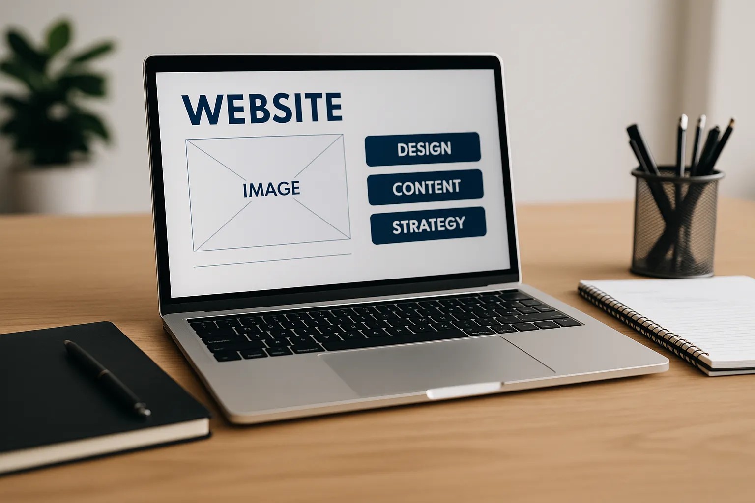 Laptop op houten bureau met wireframe ontwerp voor website op het scherm