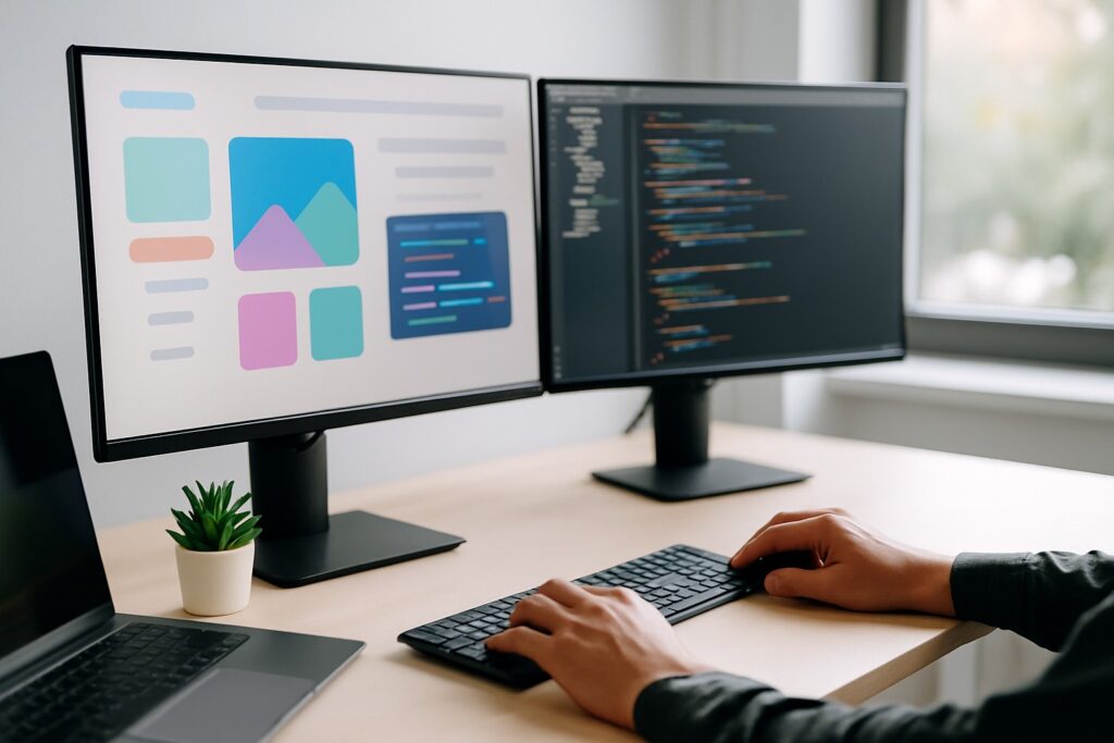 Webdeveloper werkt aan dual-monitor setup, met wireframe-design en onleesbare code in een licht, minimalistisch kantoor