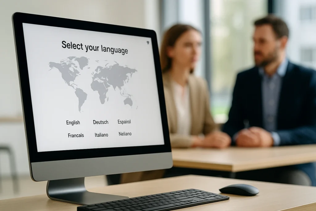Computerscherm toont taalkeuze-interface in een moderne werkomgeving