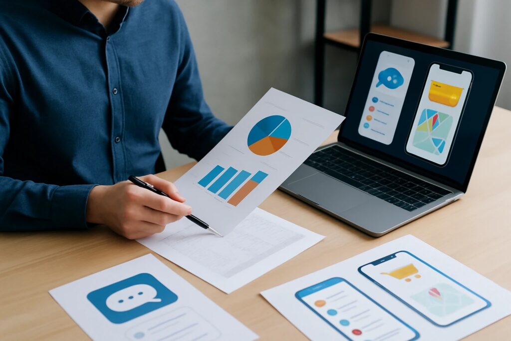 Man bekijkt grafieken en app mock ups om kosten van app ontwikkeling te analyseren, moderne houten bureau opstelling