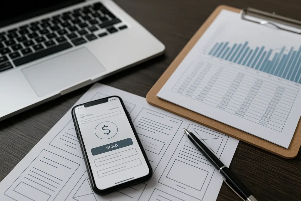 Laptop, smartphone en wireframes tussen potlood, pen en hamer op houten werkbank.