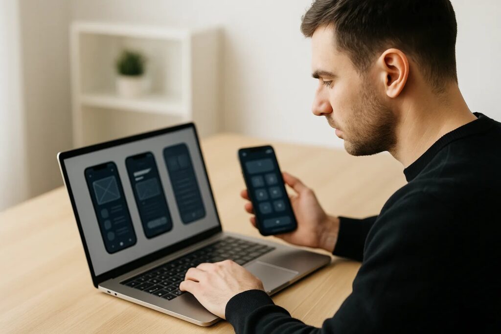 Manlijke app-ontwikkelaar bekijkt smartphone-prototype en laptopwireframes in een minimalistisch kantoor