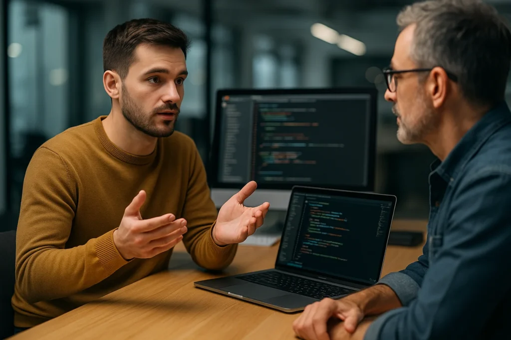 Twee softwareontwikkelaars overleggen aan een bureau met laptops vol code in moderne kantooromgeving.