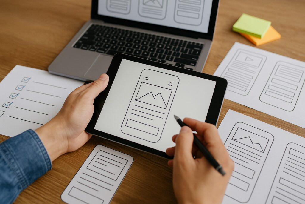 Hand tekent app wireframe op tablet tijdens brainstormsessie