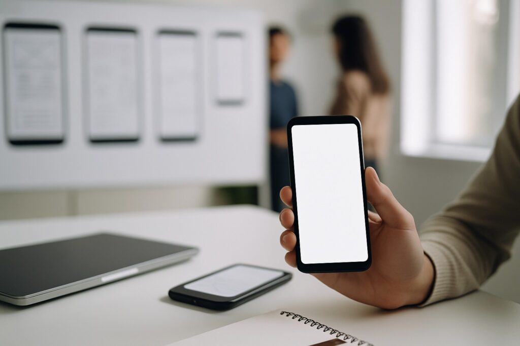 Designer test een smartphone prototype met leeg scherm in een lichte, moderne werkstudio
