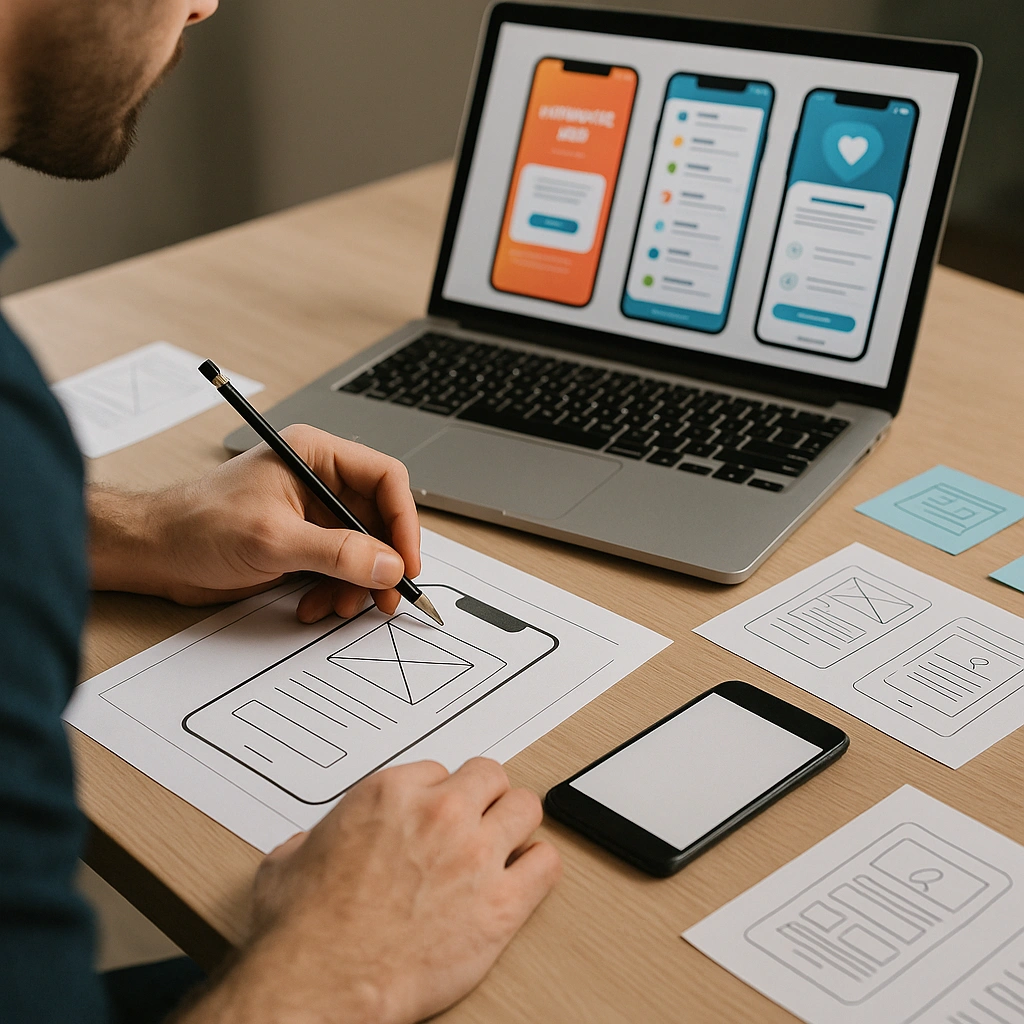 App designer drawing wireframes of a mobile app with hand and pencil on paper, with UI design on laptop in the background.