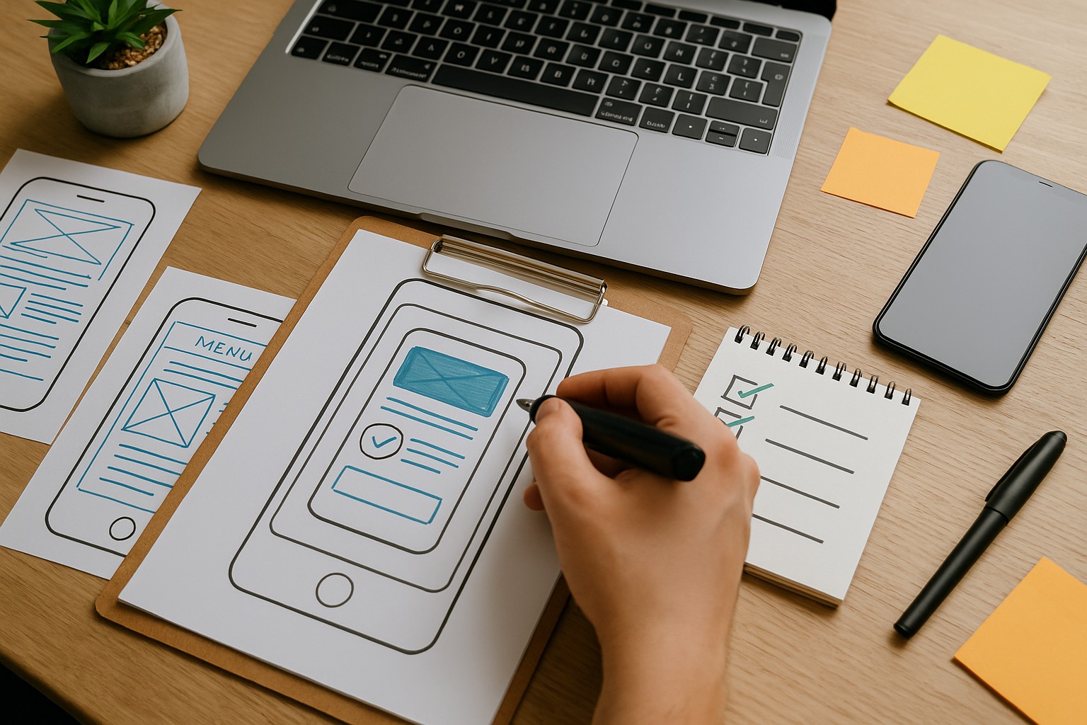 Hand schetst app-wireframe op notitieblok naast laptop tijdens ontwerpsessie