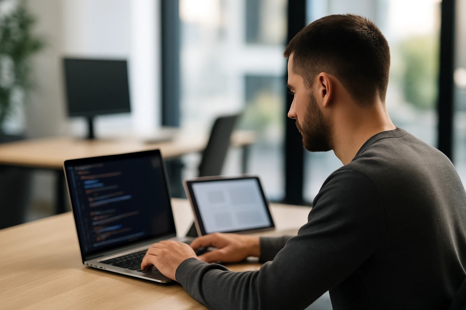 Manlijke ontwikkelaar werkt geconcentreerd aan laptop en tablet in modern, licht kantoor zonder vrouwelijke collega’s in beeld