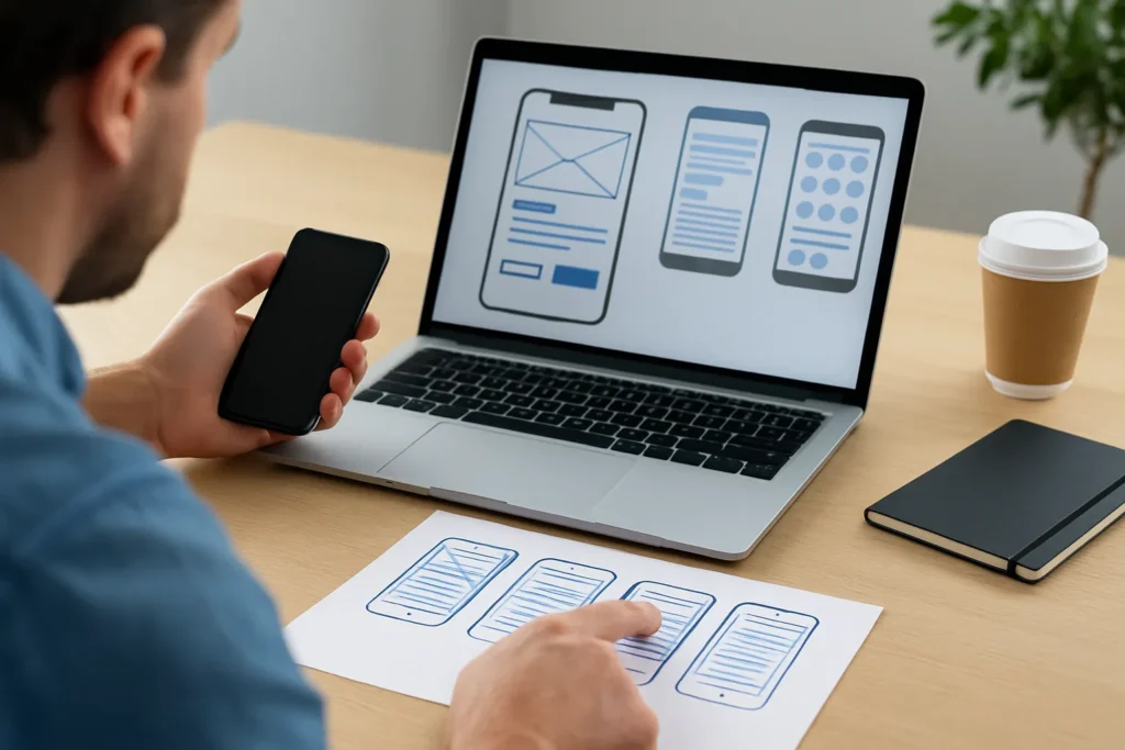 Ontwerper bekijkt wireframes voor app-ontwikkeling op laptop en papier.