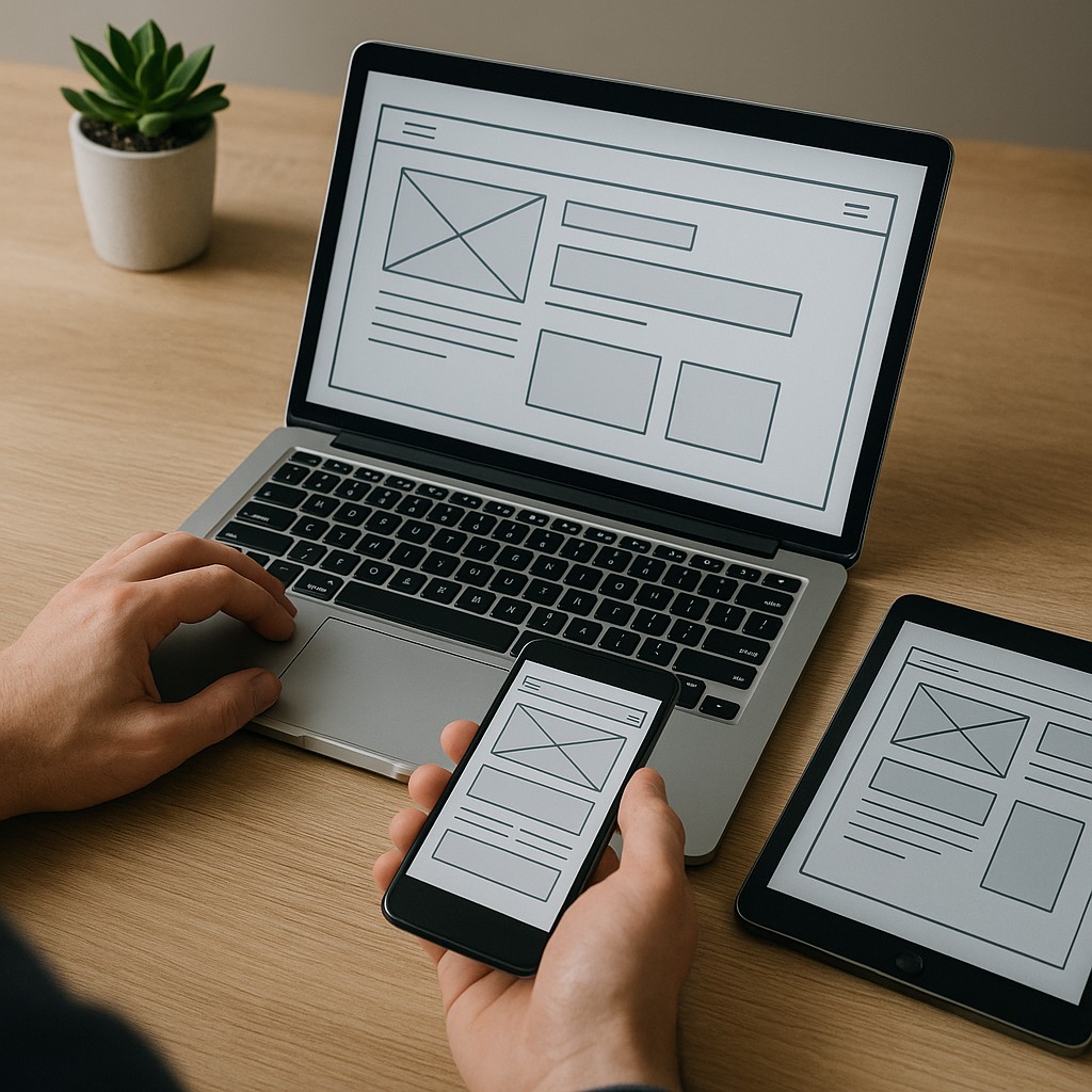Developer vergelijkt wireframe van web- en native-app op laptop, smartphone en tablet; geen zichtbare tekst, strak bureau opstelling