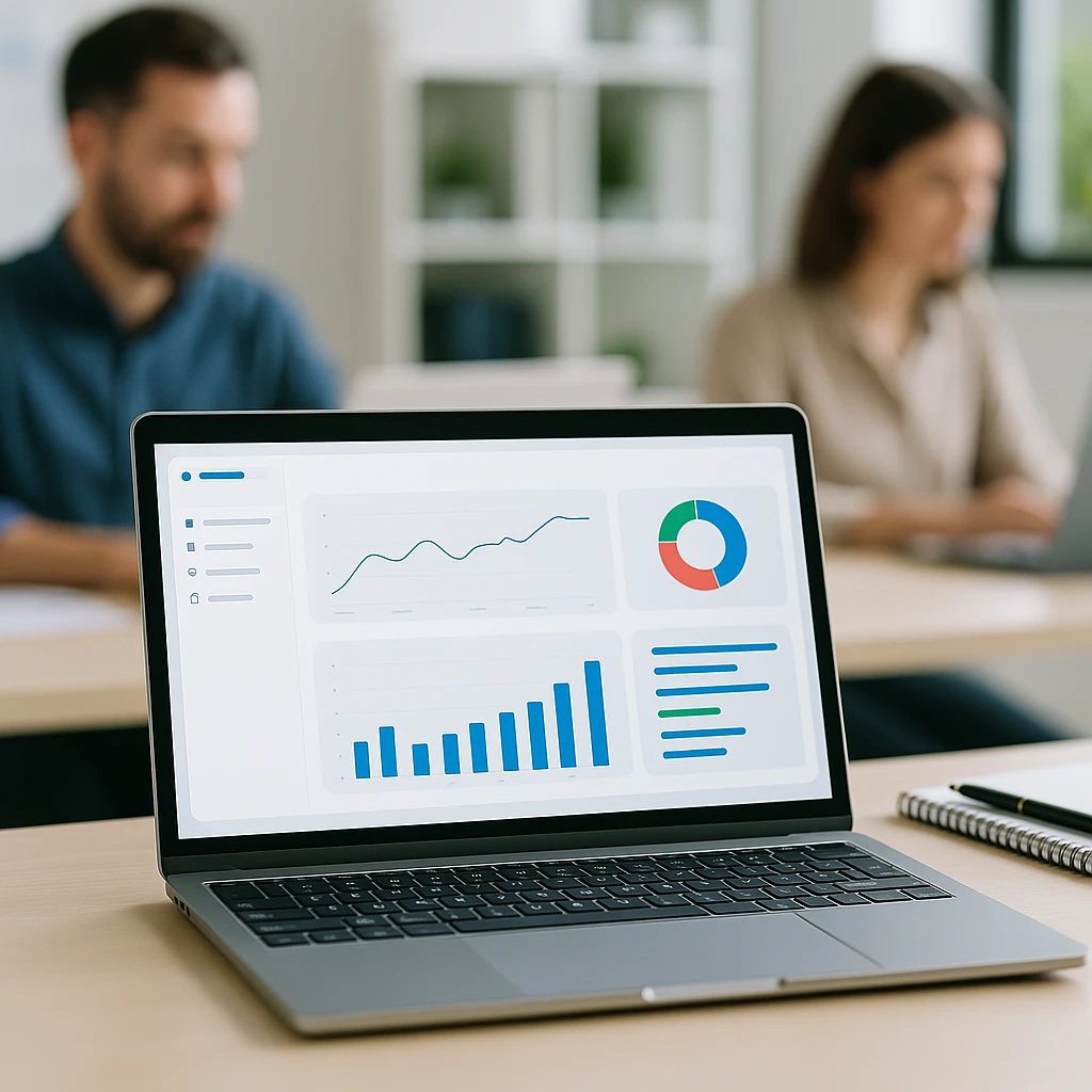 Laptop met webapplicatie-dashboard op bureau in modern kantoor