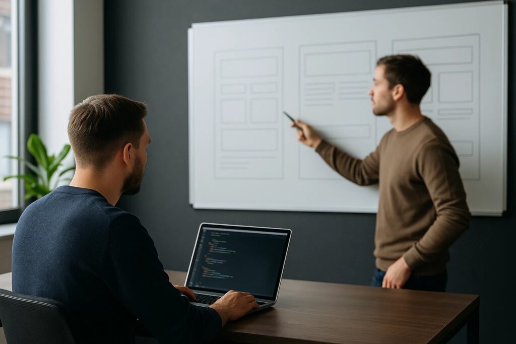 Twee mannelijke developers bespreken wireframes bij whiteboard terwijl laptop met code op bureau staat, moderne kantooromgeving