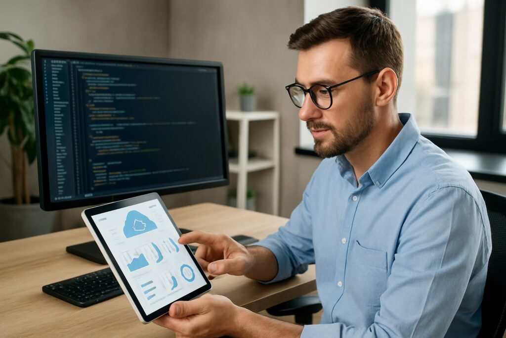 Software­ontwikkelaar bekijkt data dashboard op tablet terwijl code verschijnt op monitor, moderne kantoorruimte