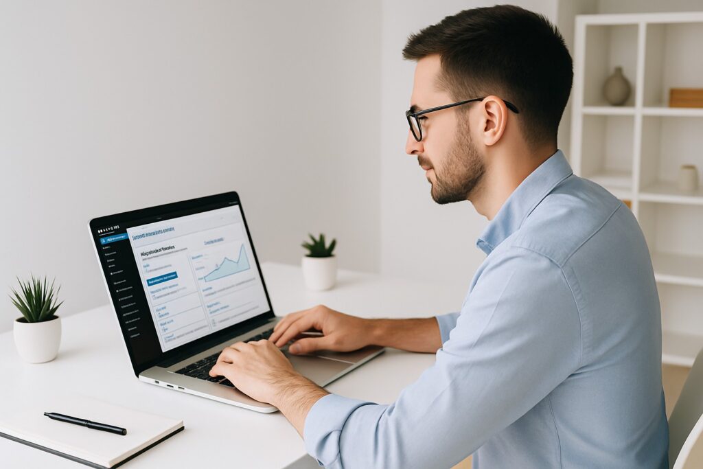 Man werkt aan WordPress-dashboard op laptop aan wit bureau