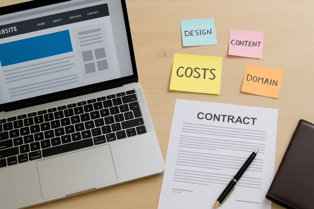 Laptop met websiteontwerp en post its over kosten, content en domein