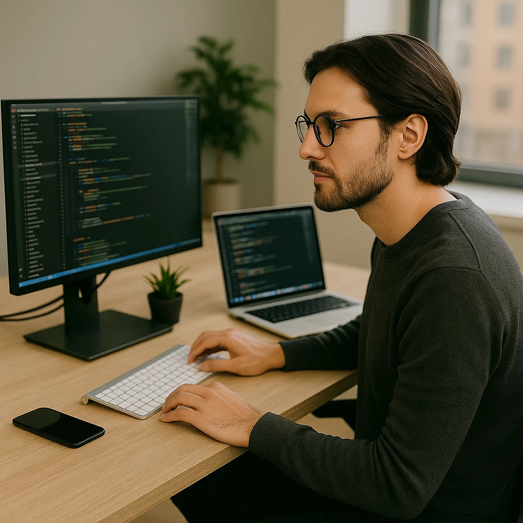 App developer die aan een bureau werkt met laptop en extern scherm vol code in een modern kantoor.