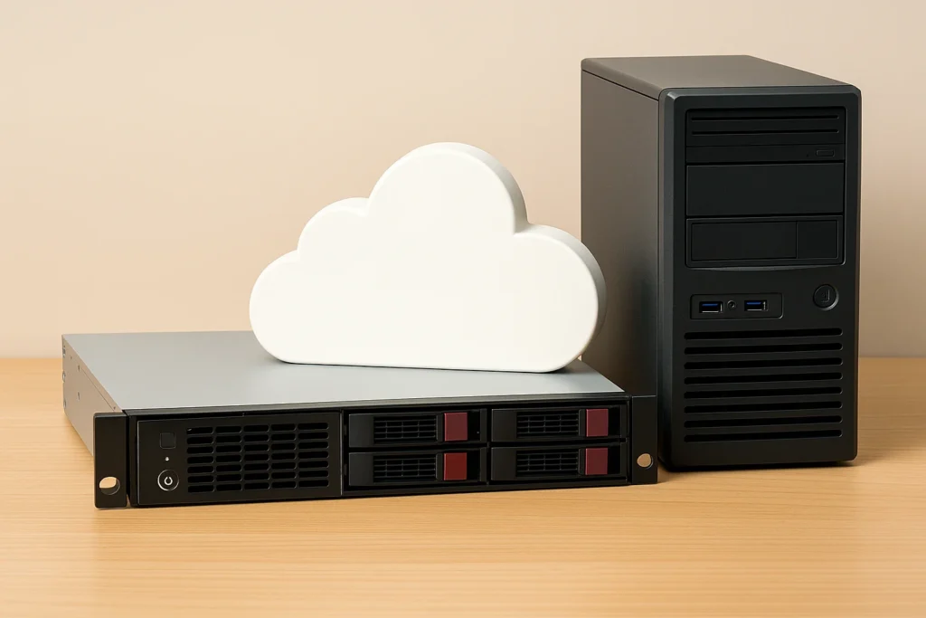Close up van dedicated serverhardware in een rack, met zichtbare hot swappable bays, ventilator en statuslampjes.