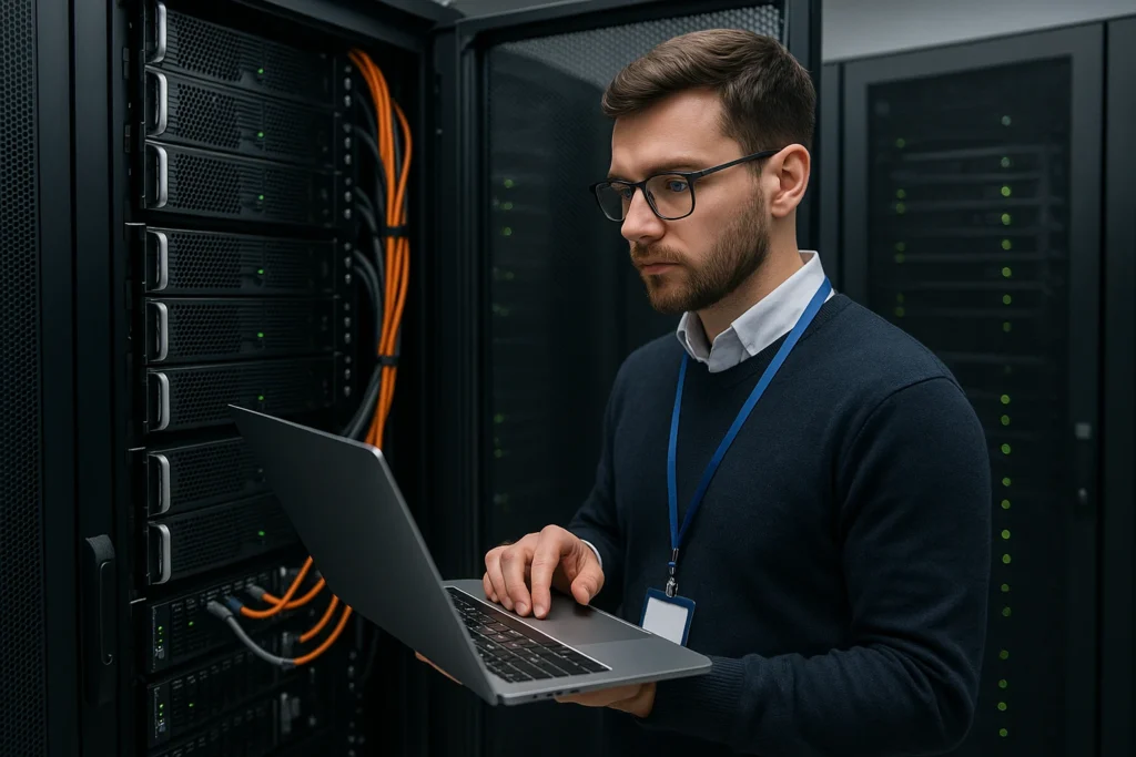 IT-specialist werkt met laptop in serverruimte tussen actieve serverracks