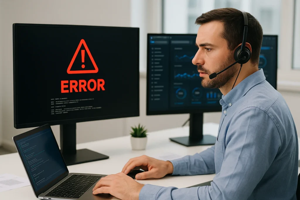 Support engineer met headset monitort foutmeldingen en tickets op meerdere schermen voor snelle technische ondersteuning.