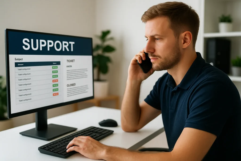 Supportmedewerker bekijkt ticketsysteem en belt met klant
