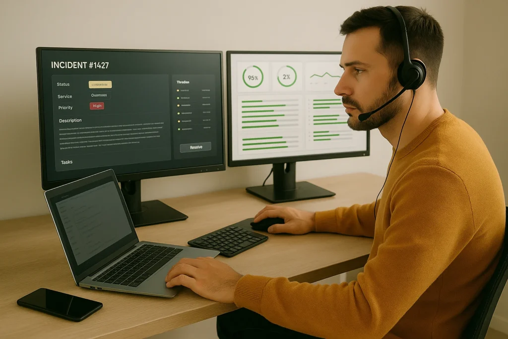 IT supportmedewerker monitort incidentmeldingen en systeemprestaties op dubbele monitoren.