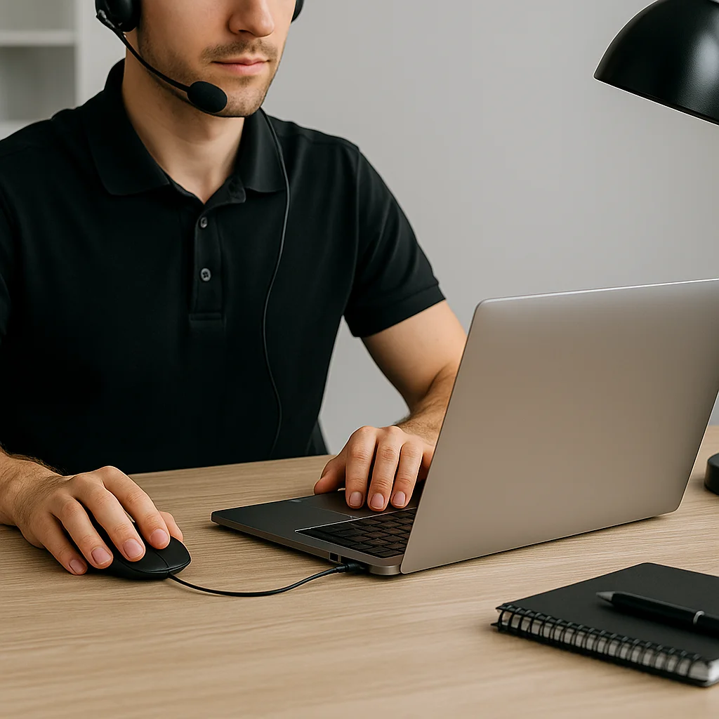 Technisch supportmedewerker met headset achter laptop