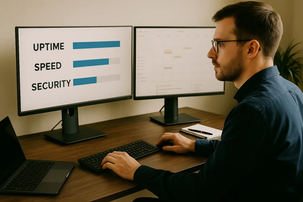 IT-professional monitort systeemprestaties op twee schermen.