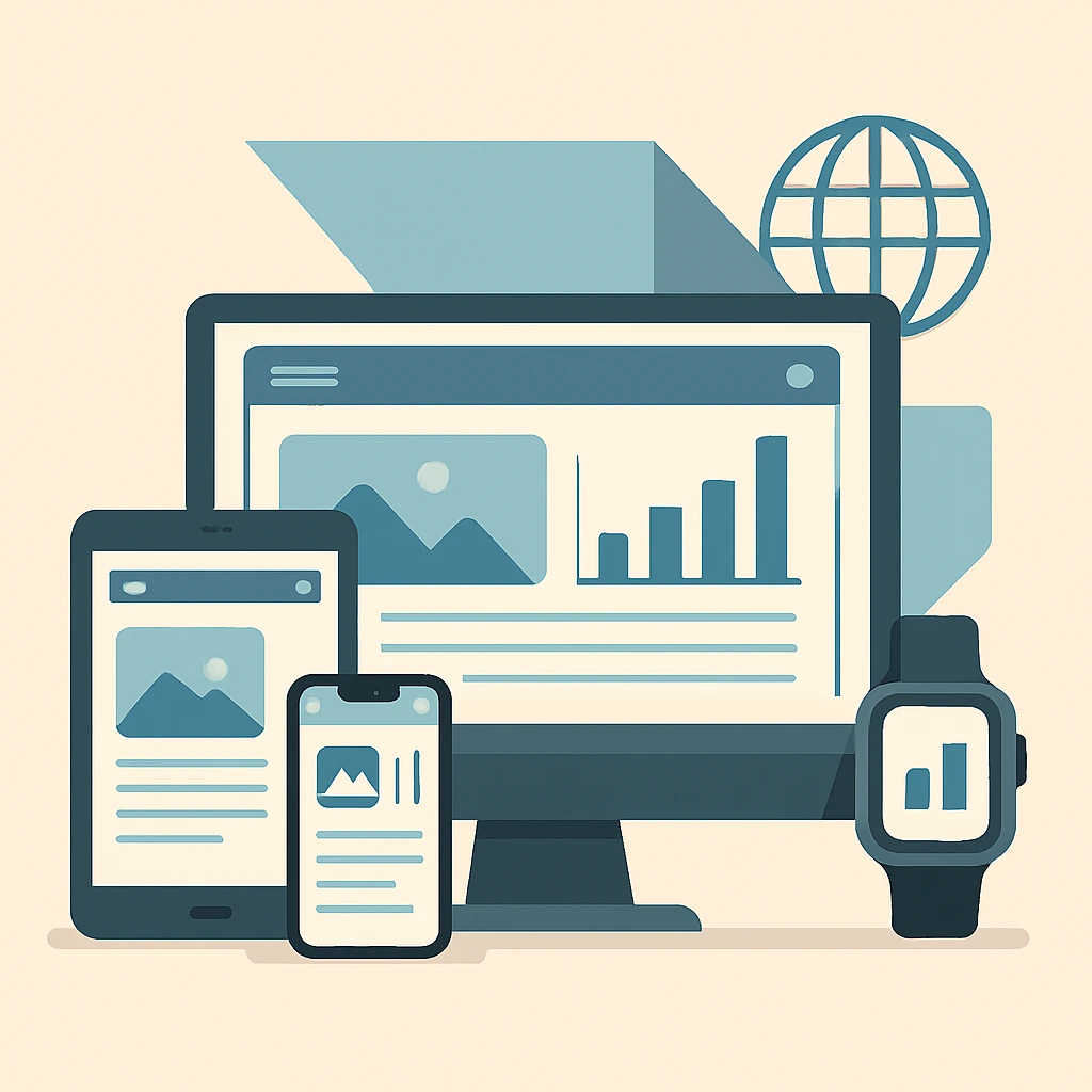Illustratie van responsive webdesign op desktop, tablet, smartphone en smartwatch.