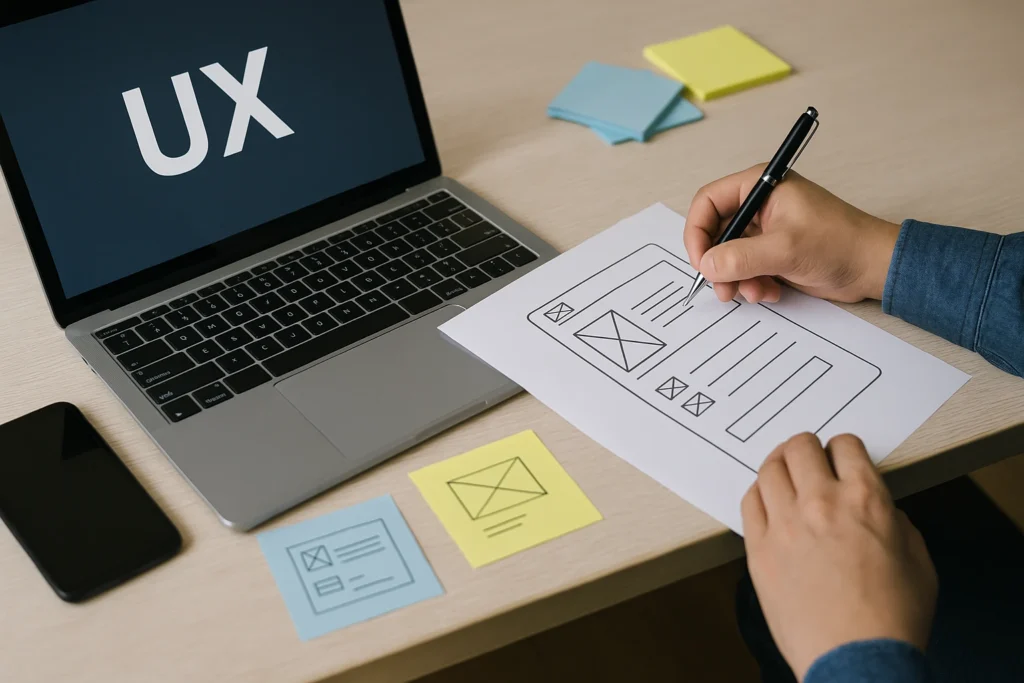 UX designer werkt aan wireframe op papier met laptop op de achtergrond