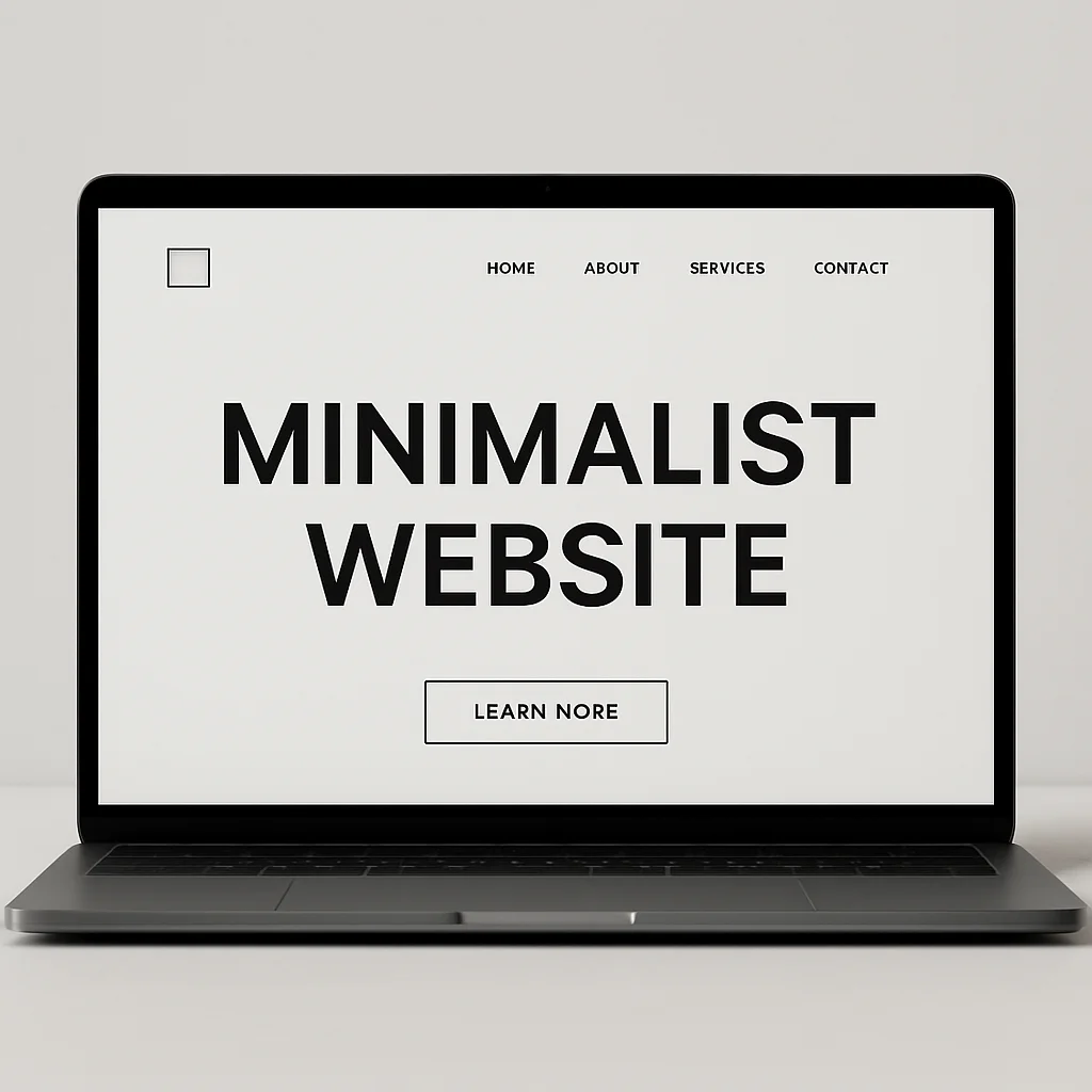 Laptop toont een minimalistisch webdesign met strakke typografie en eenvoudig menu