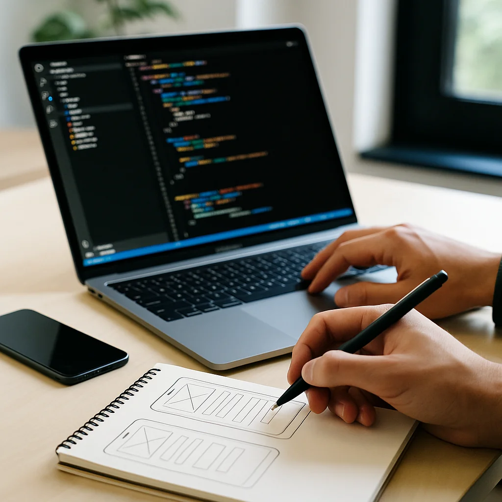 Ontwikkelaar werkt aan MVP voor mobiele app met wireframes op papier en code op laptop in een lichte kantooromgeving.
