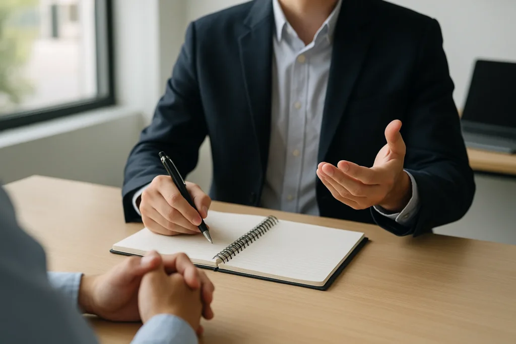 Twee professionals in overleg tijdens een intakegesprek, zichtbaar van borsthoogte, met een notitieboek en pen.