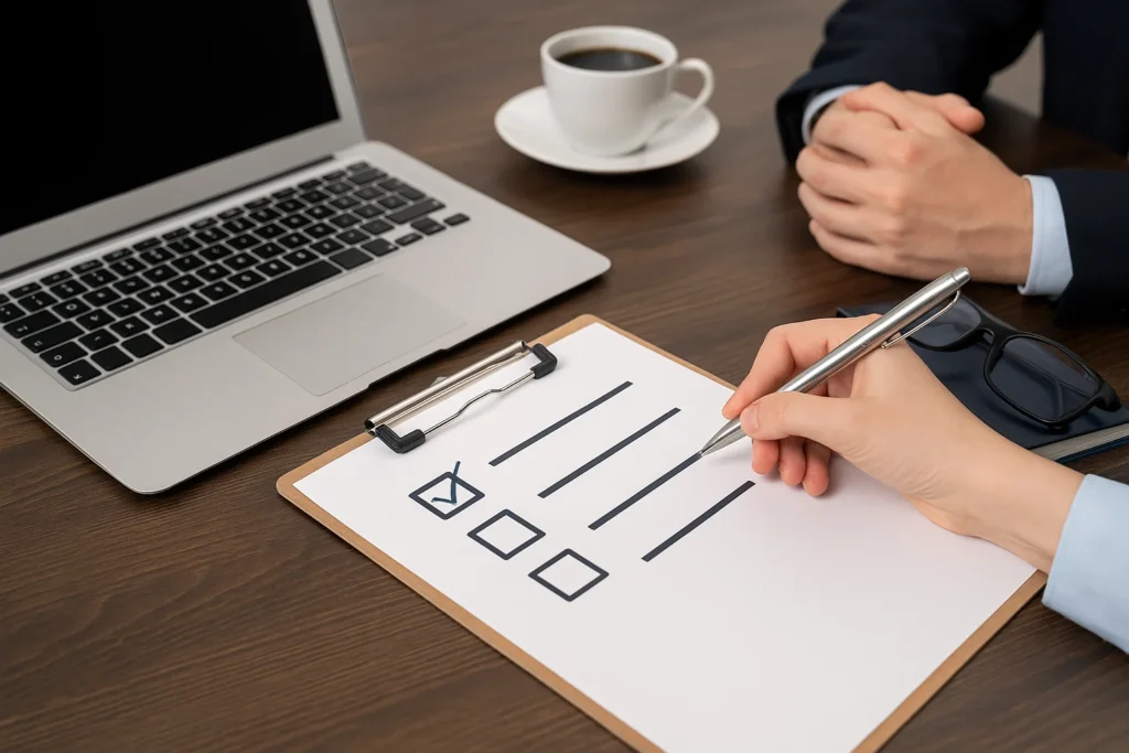 Zakelijke checklist naast laptop tijdens overleg over outsourcing