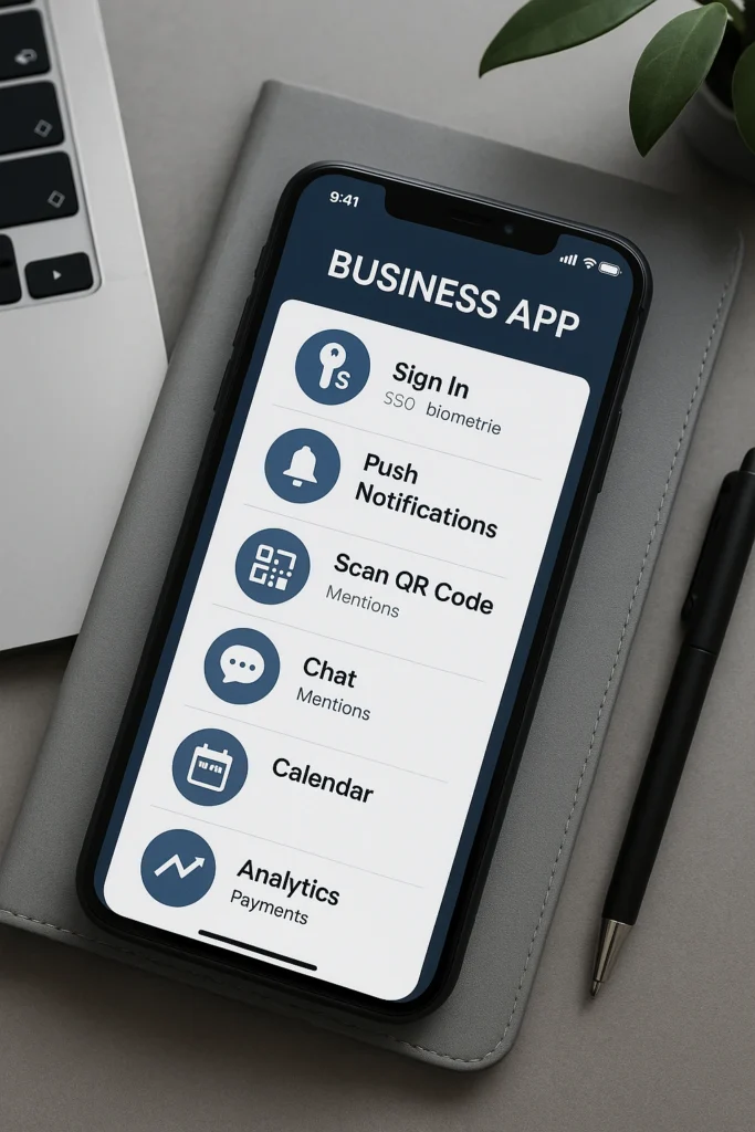 Smartphone met zakelijke app functies zoals sign in, notificaties, QR scanner, chat en analytics.