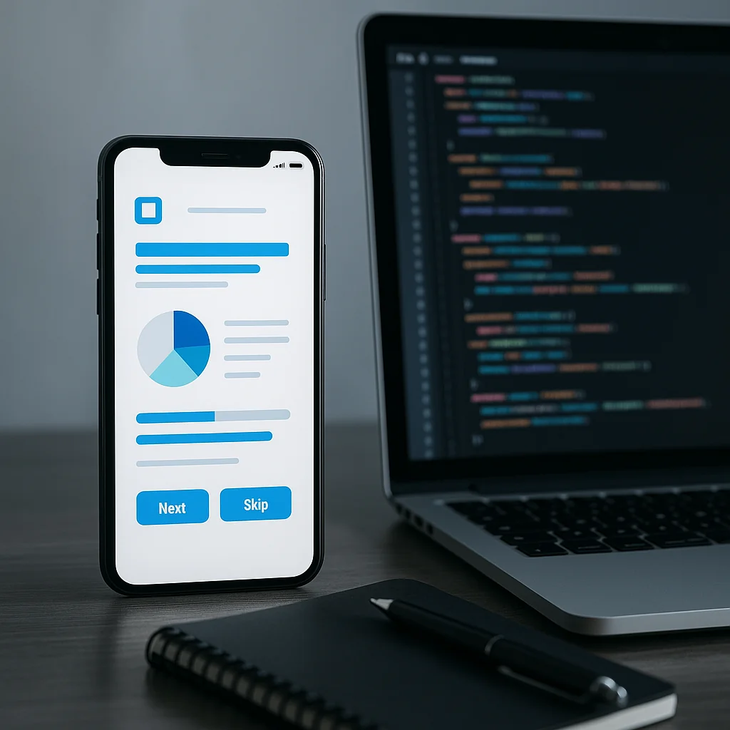 Smartphone met app-interface naast een laptop met programmeercode.