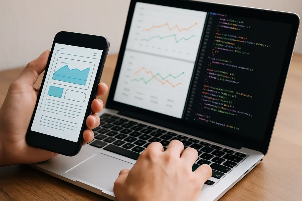 Ontwikkelaar werkt met laptop en smartphone aan app interface.