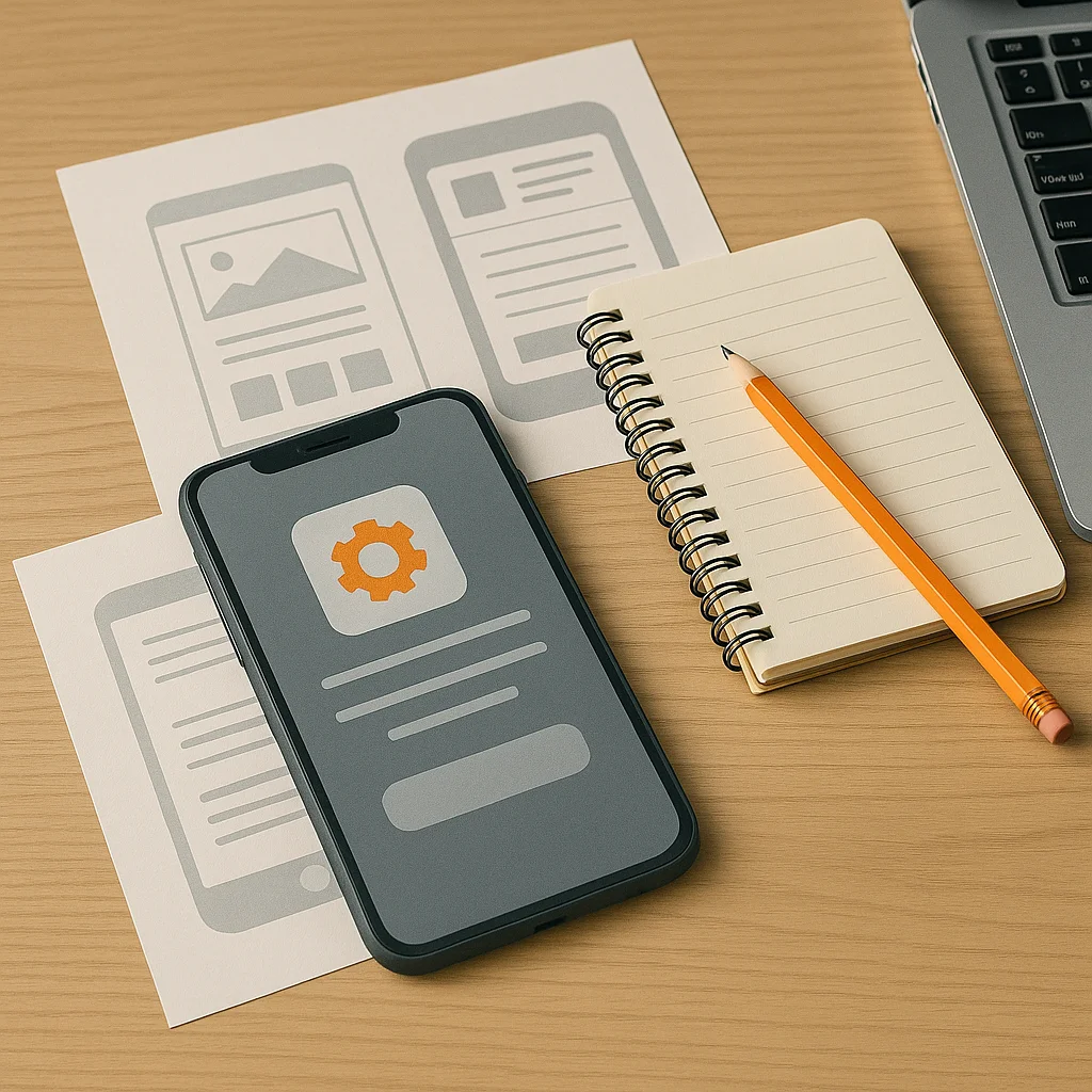 Smartphone met app icoon, wireframe prints, notitieblok en potlood op houten bureau, symbool voor app ontwikkeling en briefingproces.