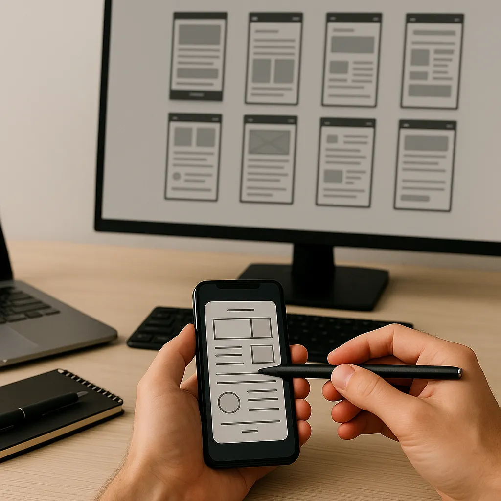 Smartphone met wireframe en laptop met UX-ontwerp op modern bureau