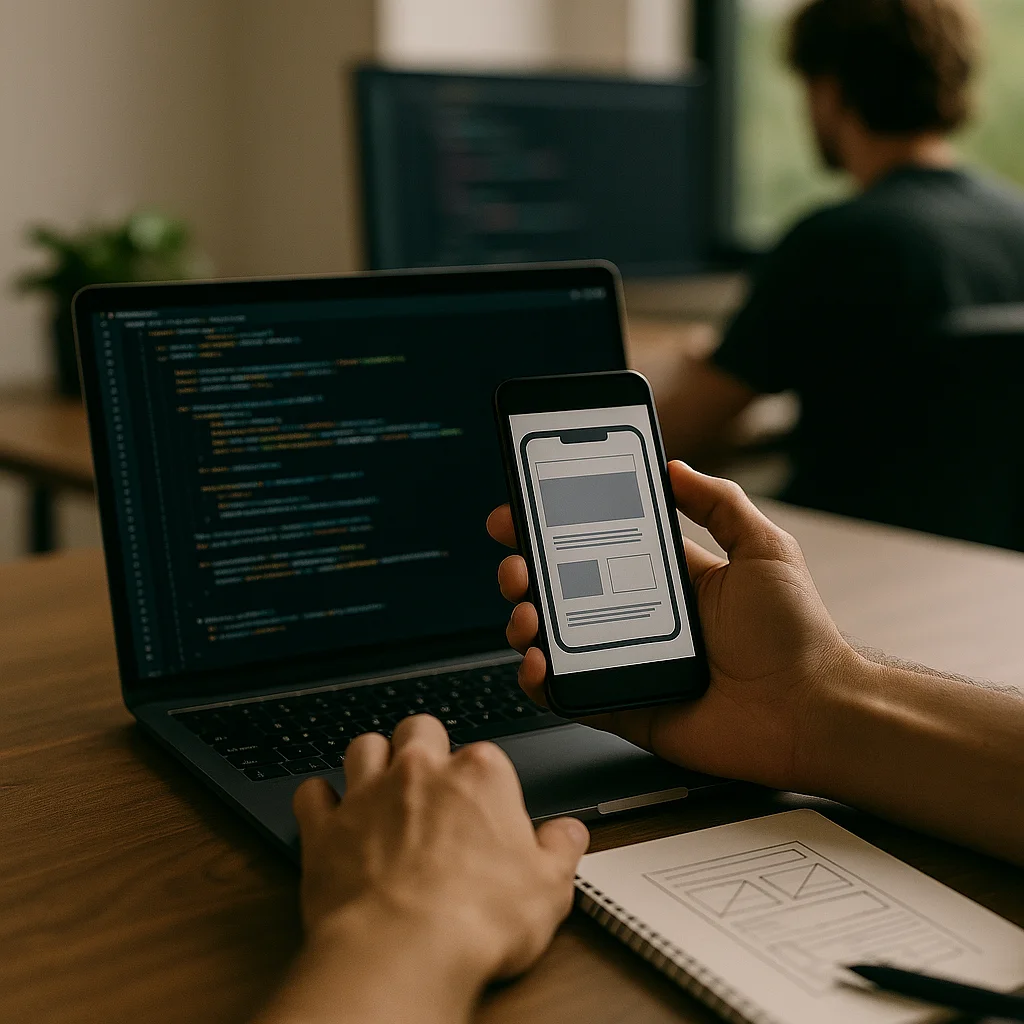 Ontwikkelaar toont app-wireframe op smartphone voor een laptop met code tijdens agile ontwikkeling