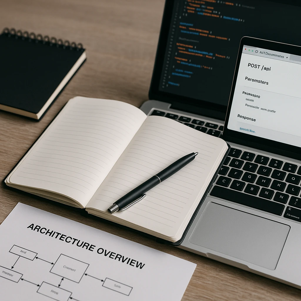 Laptop met code-editor en notities over API documentatie en architectuur.